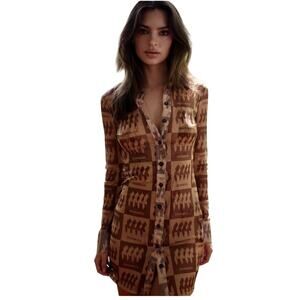 Inamorata Riviera Brown Check Mesh Dress Long Sleeve Button Up Mini Dress S